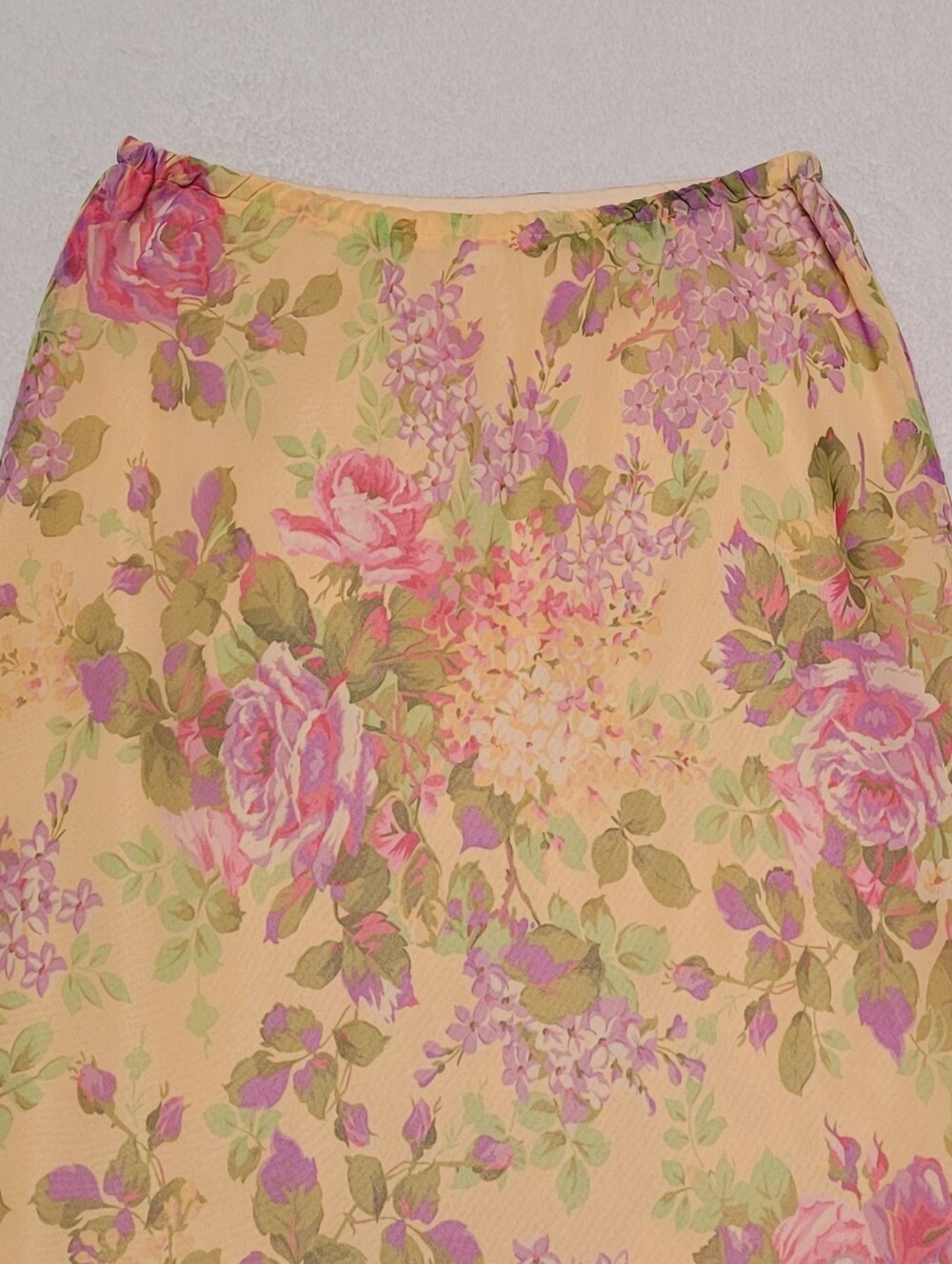 Boho 90s Vintage Peach Purple Floral Cabbage Rose Tiered Ruffle Midi Skirt 12 - Picture 7 of 8